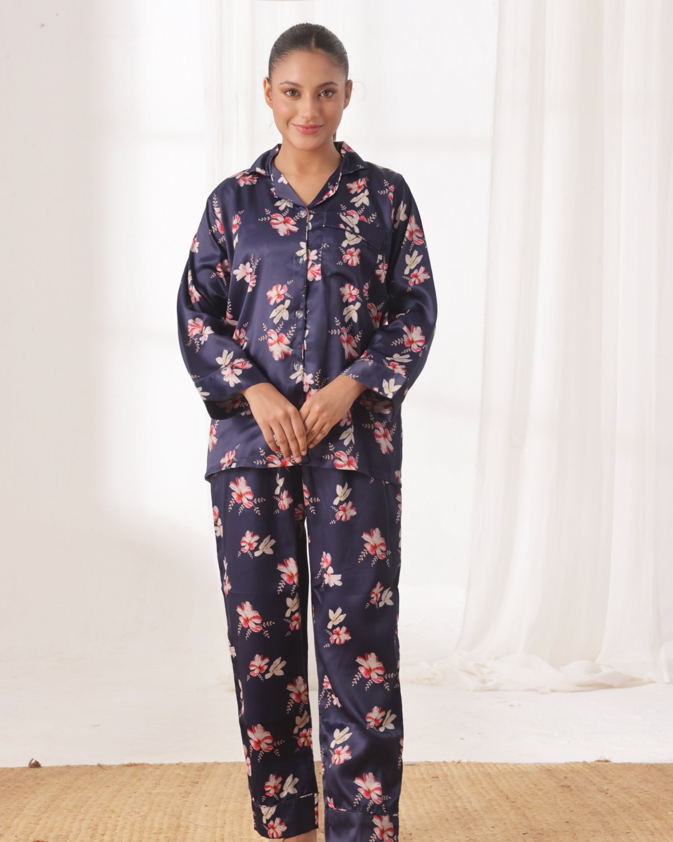 Silk Pajama Suit with Scrunchie - Blue Blush