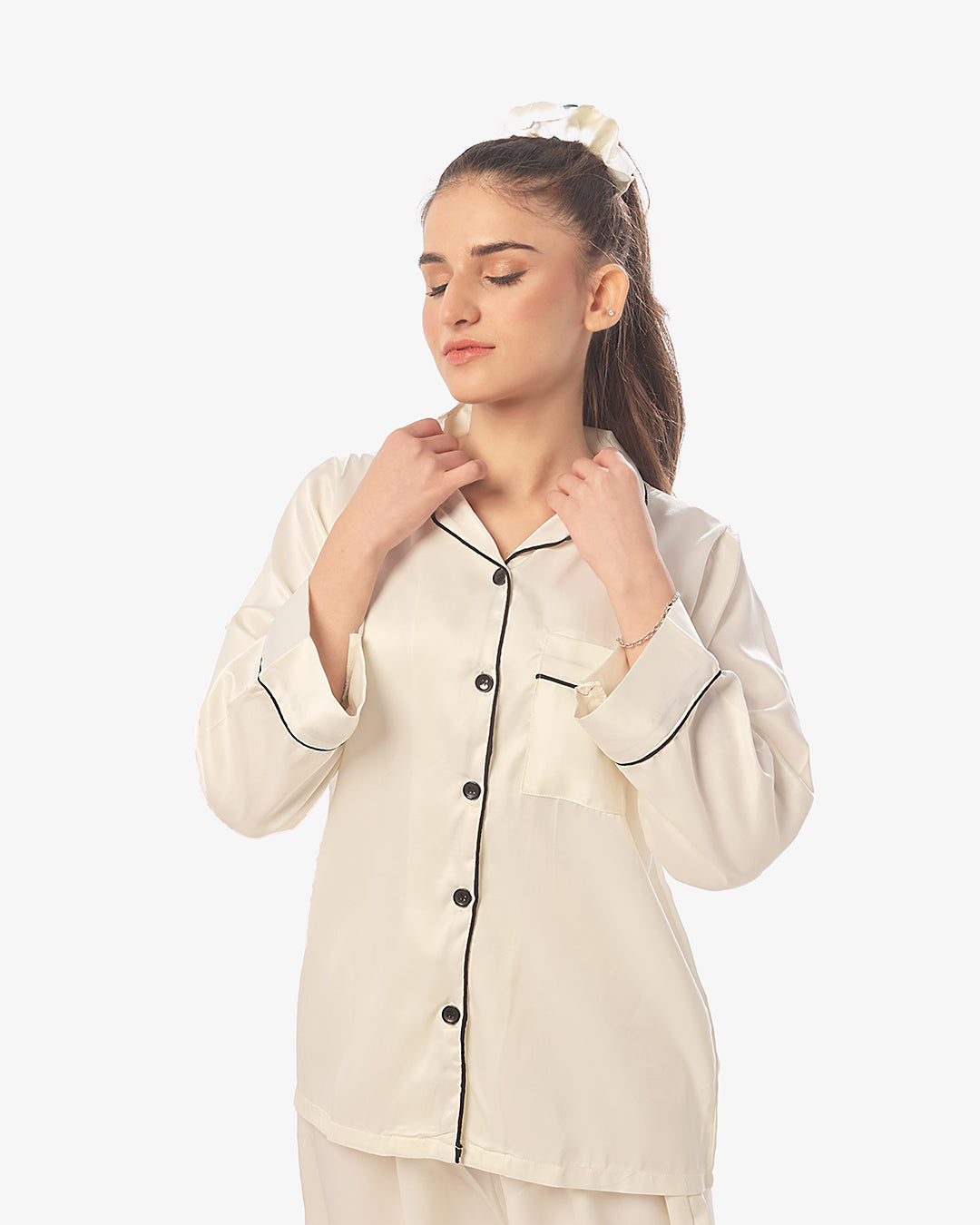 Silk Pajama Suit with Scrunchie - Pearl