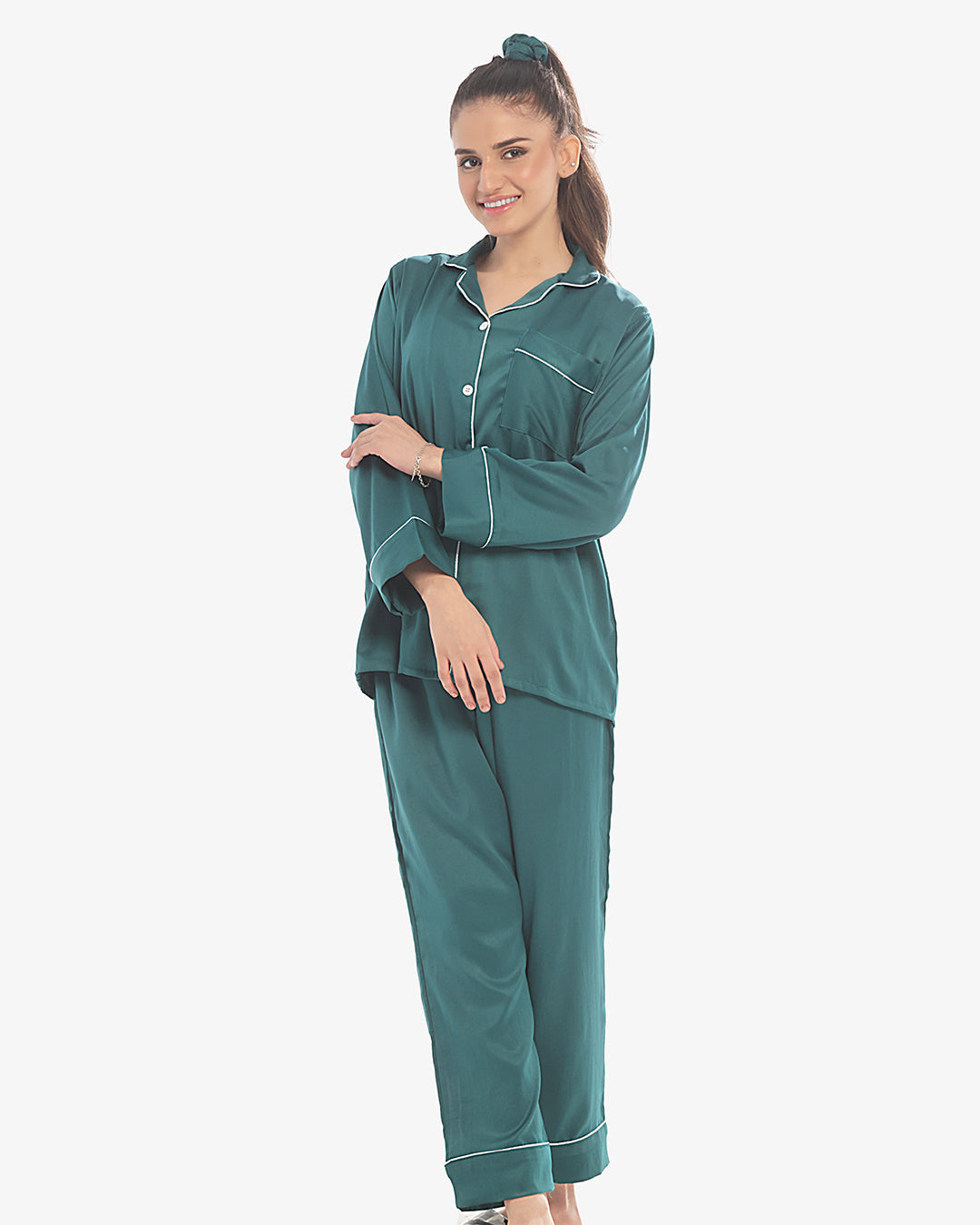 Silk Pajama Suit with Scrunchie - Pearl