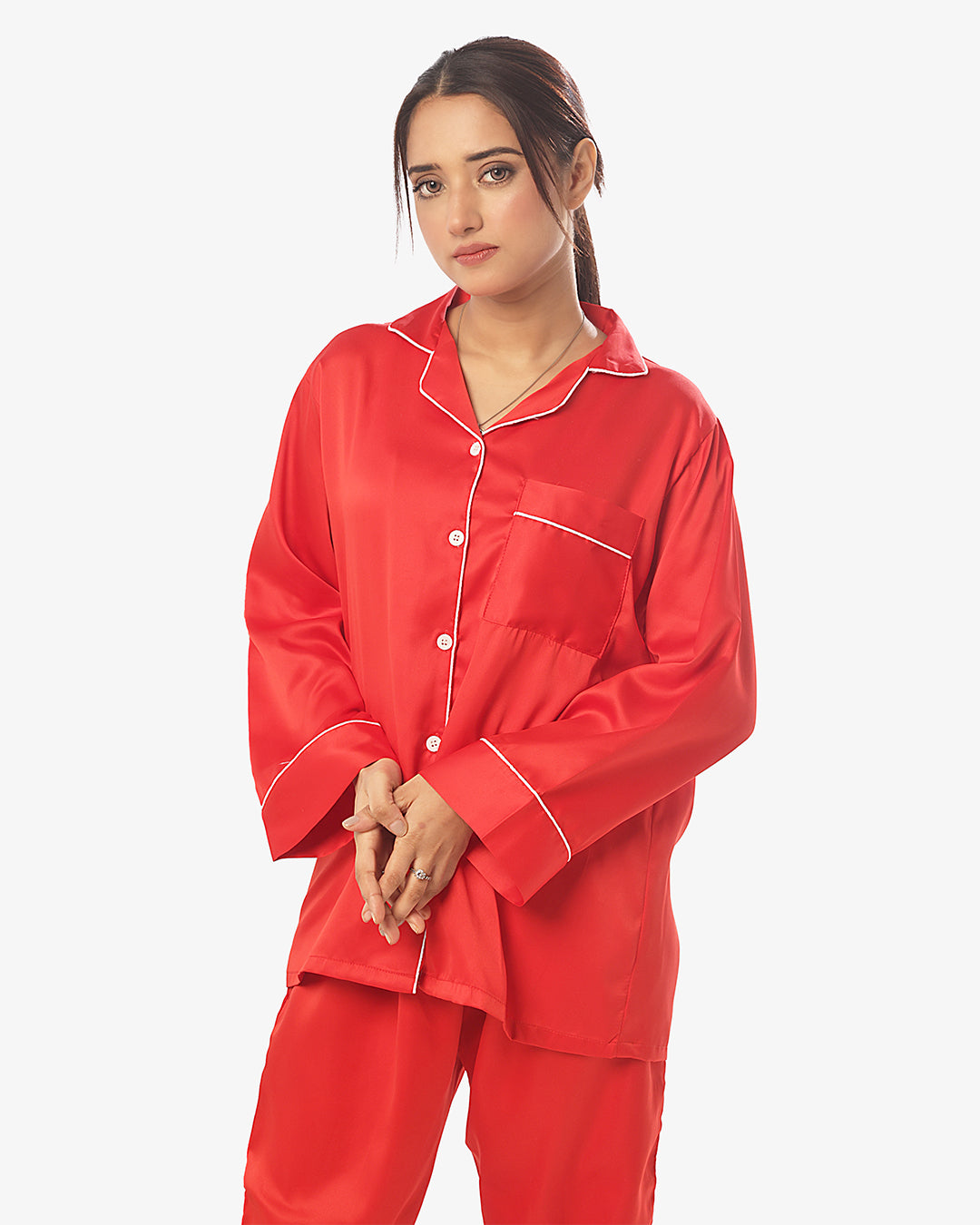 Silk Pajama Suit with Scrunchie - Pearl