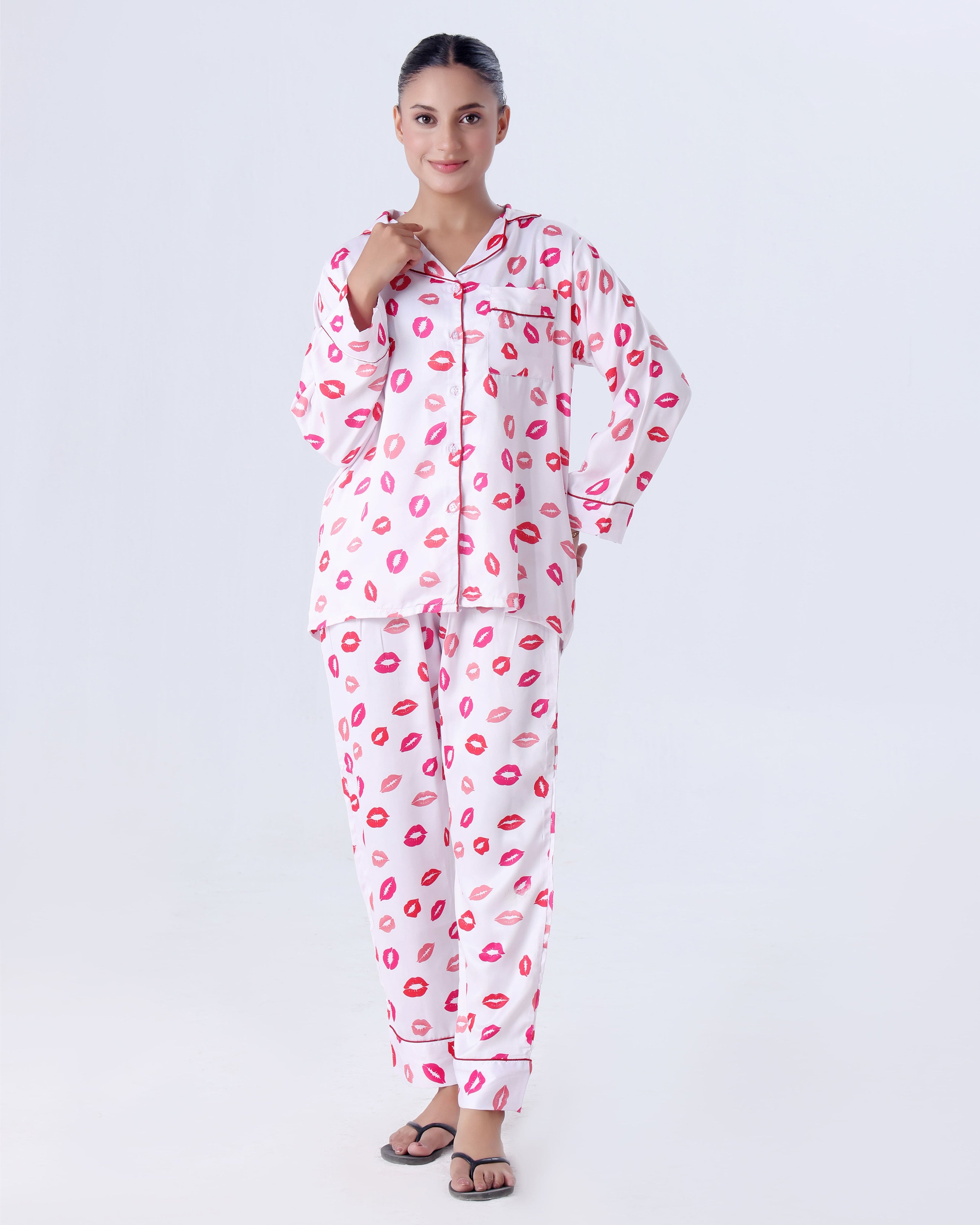 Silk Pajama Suit with Scrunchie - Lush Lips