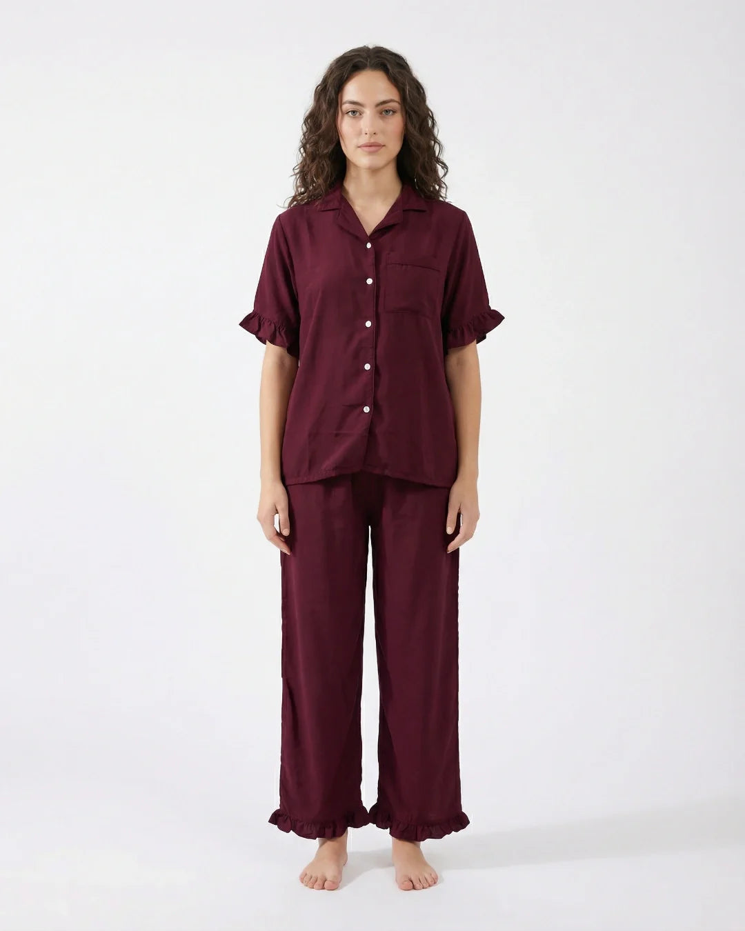 Half Sleeves PJ Set - Linen Comfort - Maroon