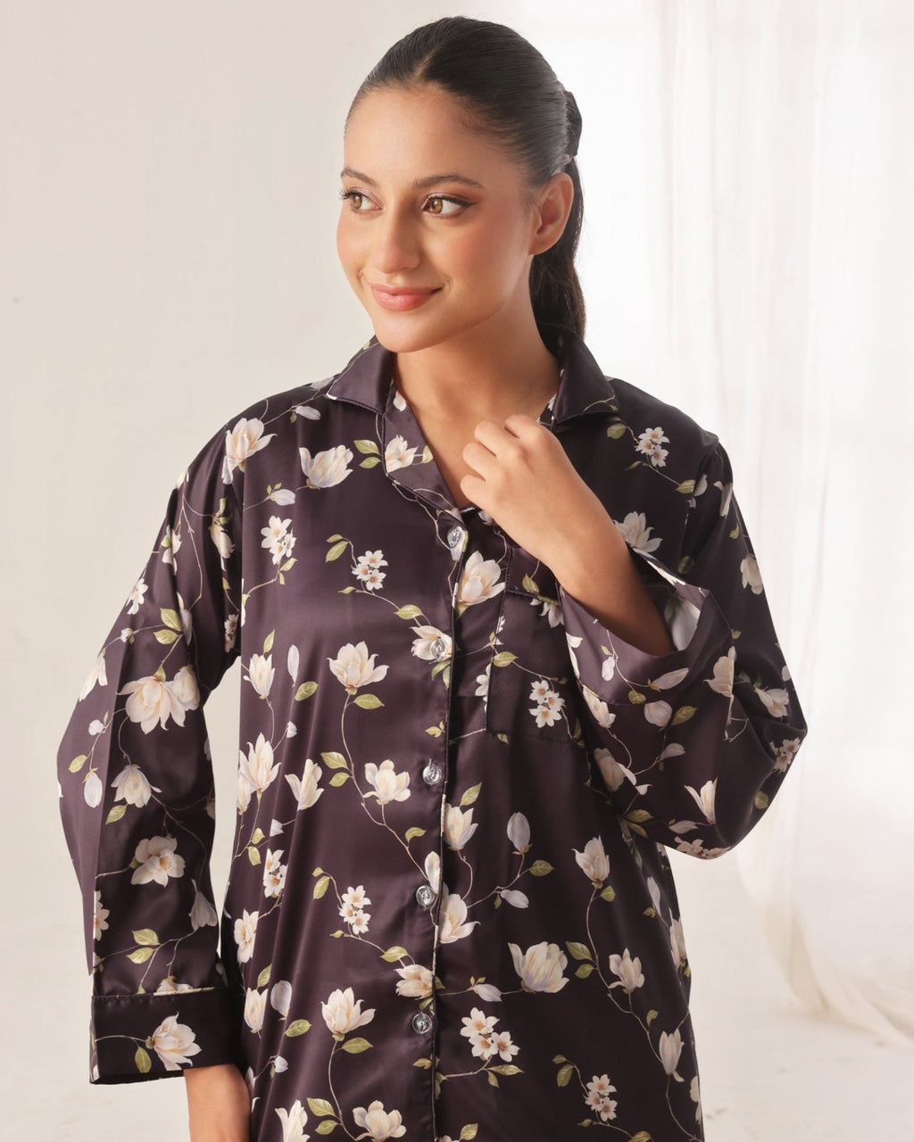 Silk Pajama Suit with Scrunchie - Night Blush