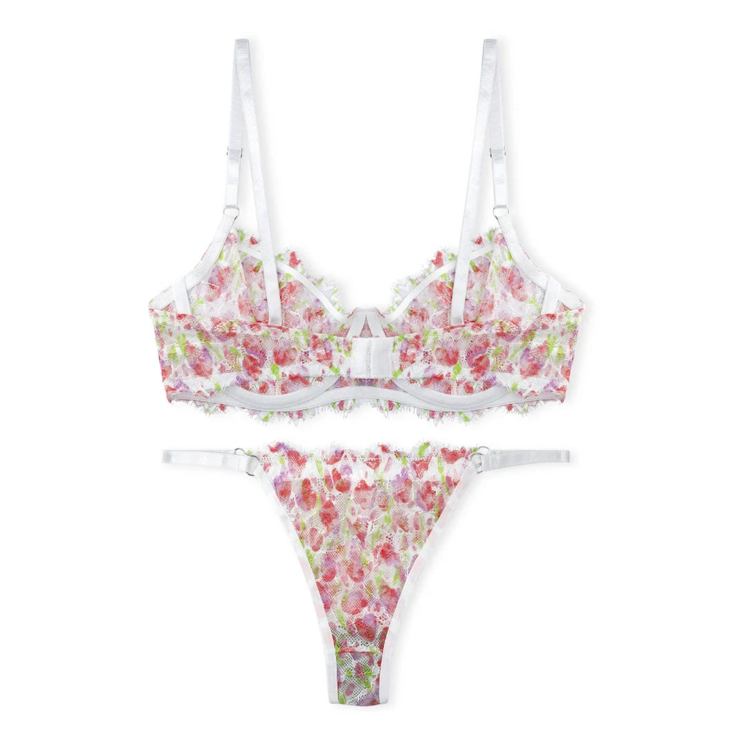 White Floral Non Padded Bra and Panty Set