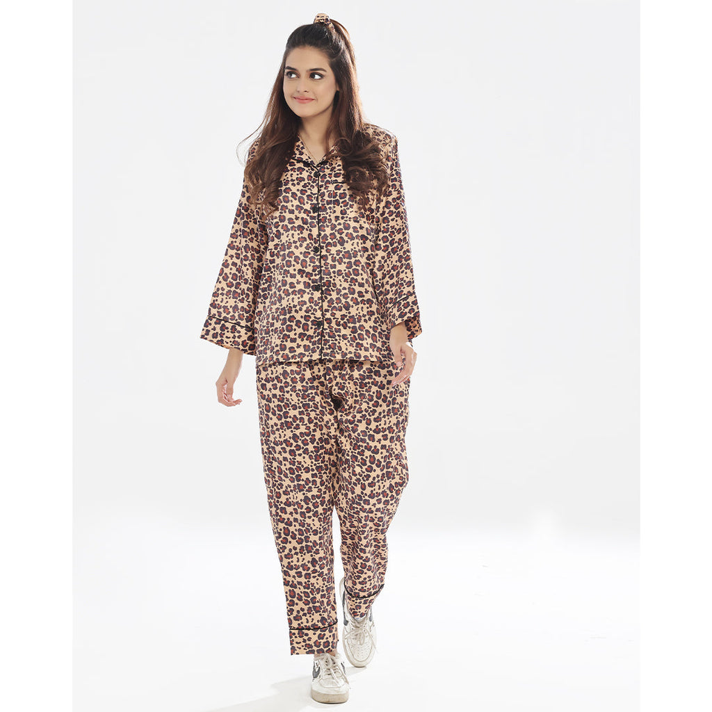 Silk Pajama Suit with Scrunchie - Cheetah Charm