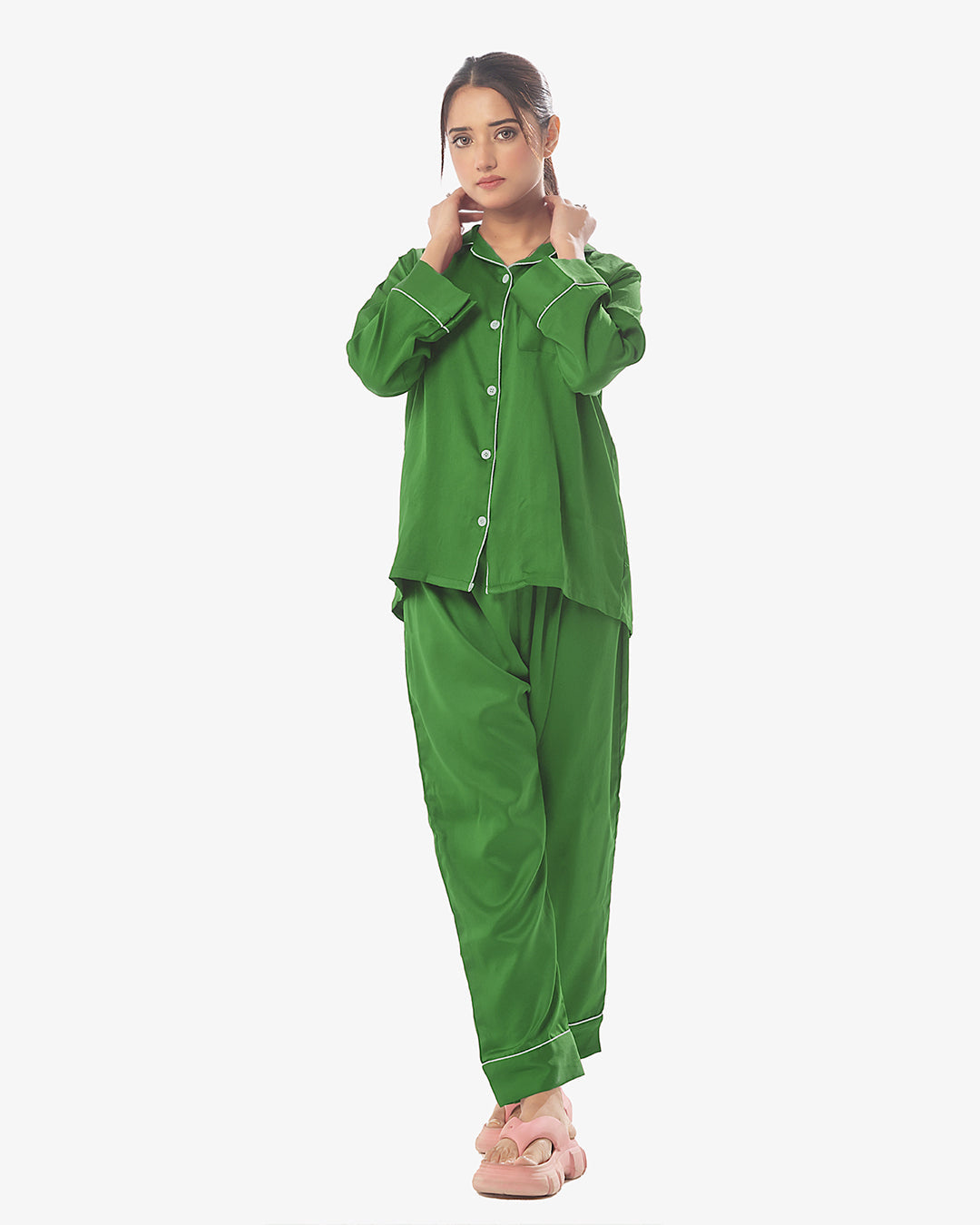 Silk Pajama Suit with Scrunchie - Pearl