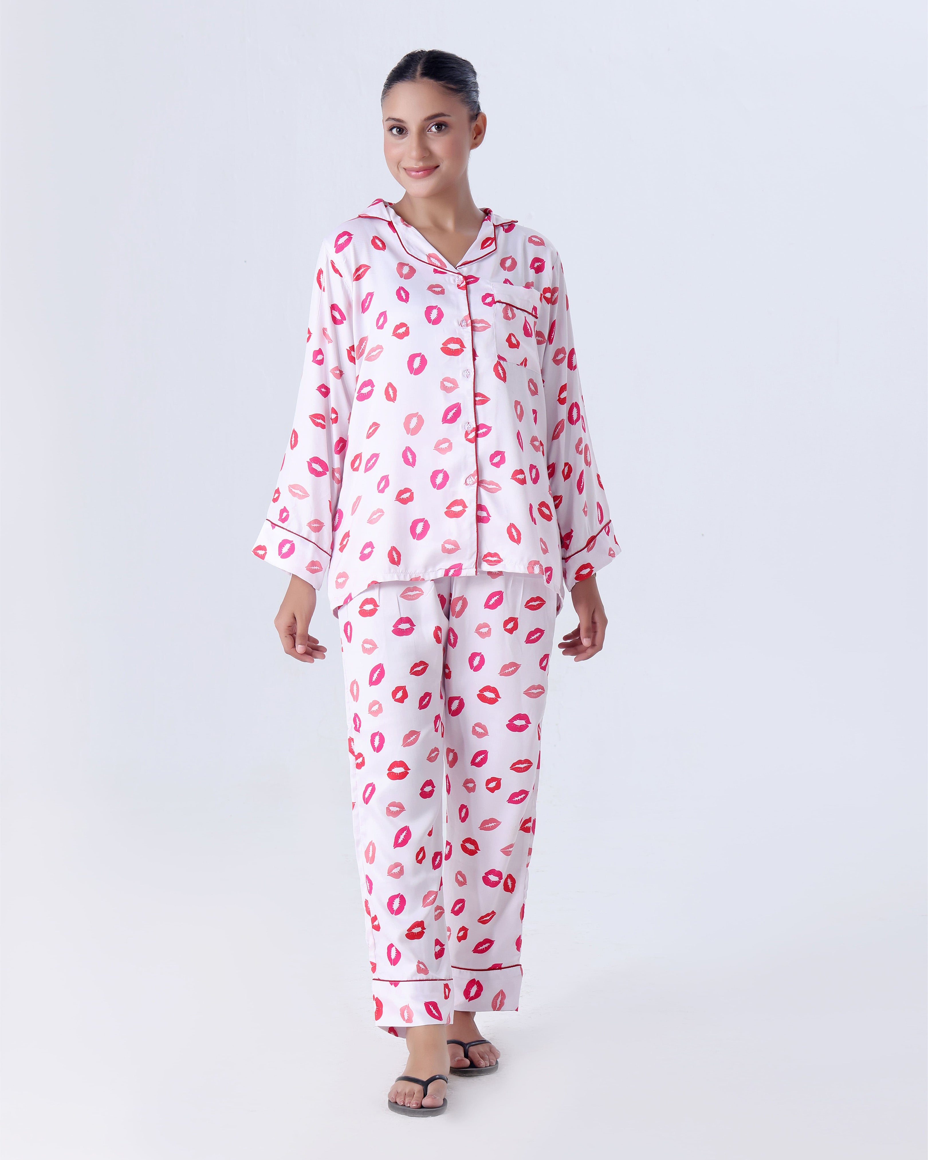 Silk Pajama Suit with Scrunchie - Lush Lips