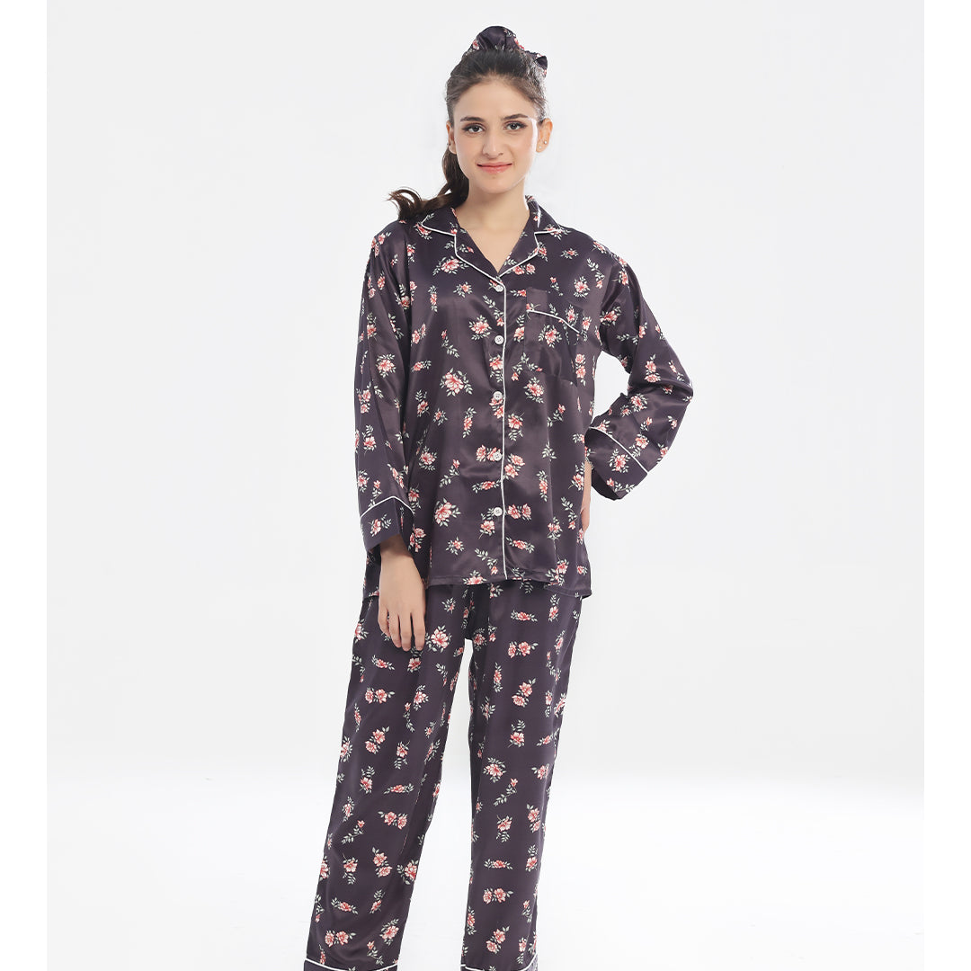 Silk Pajama Suit  with Scrunchie - Dark Fleur