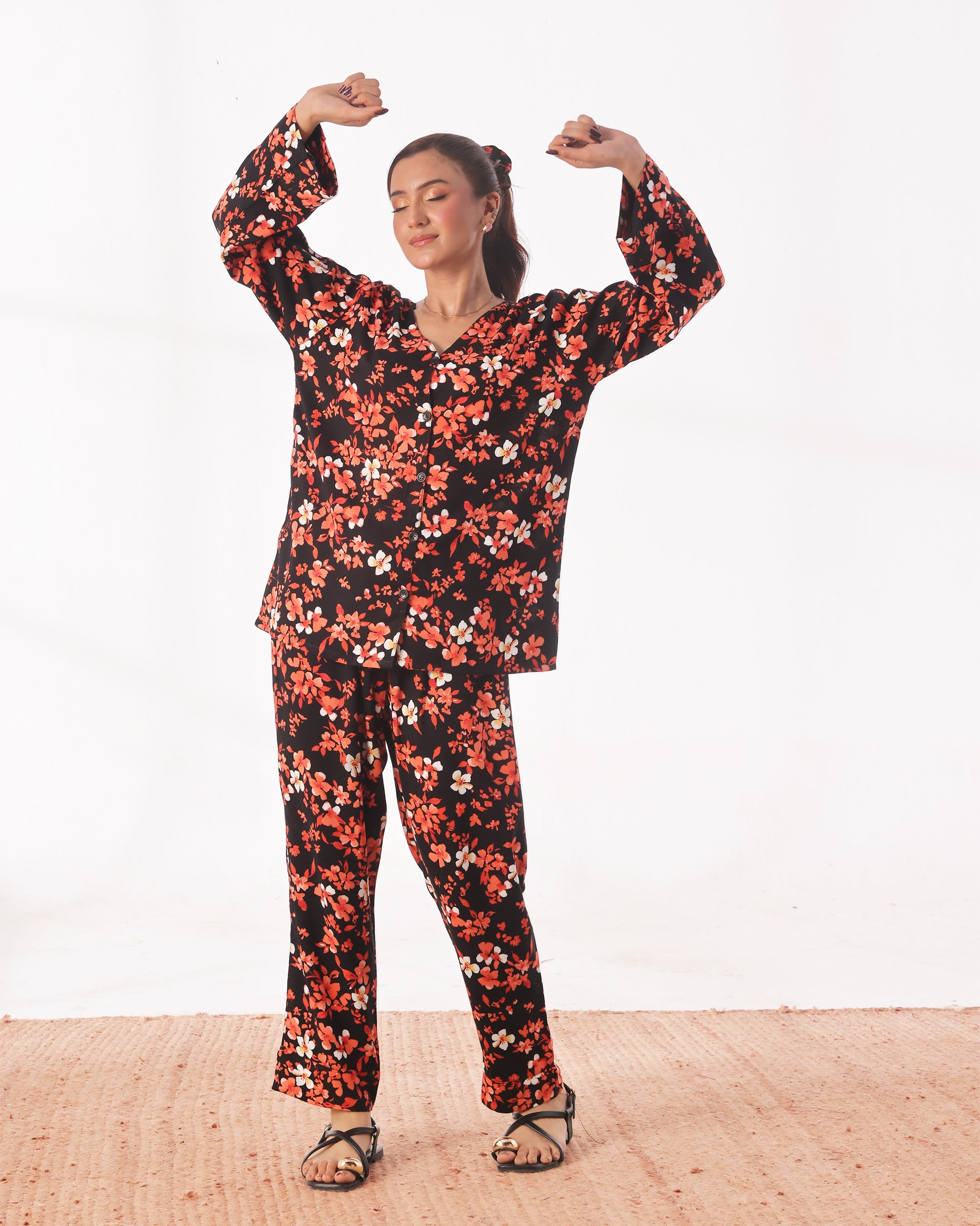 Linen Pajama Suit with Scrunchie - Crimson Petal