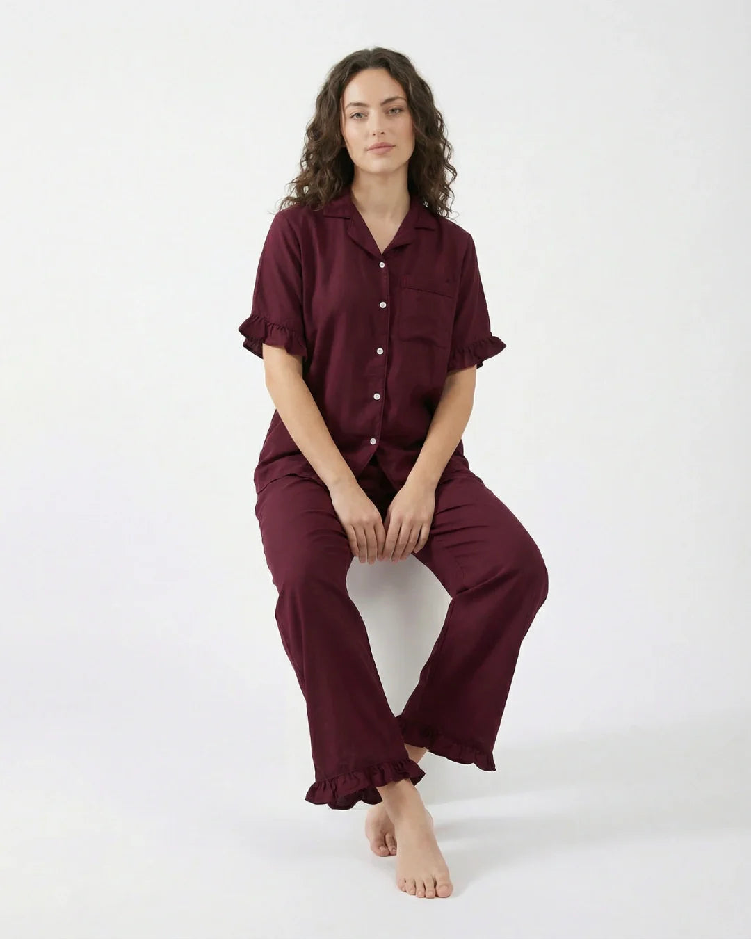 Half Sleeves PJ Set - Linen Comfort - Maroon