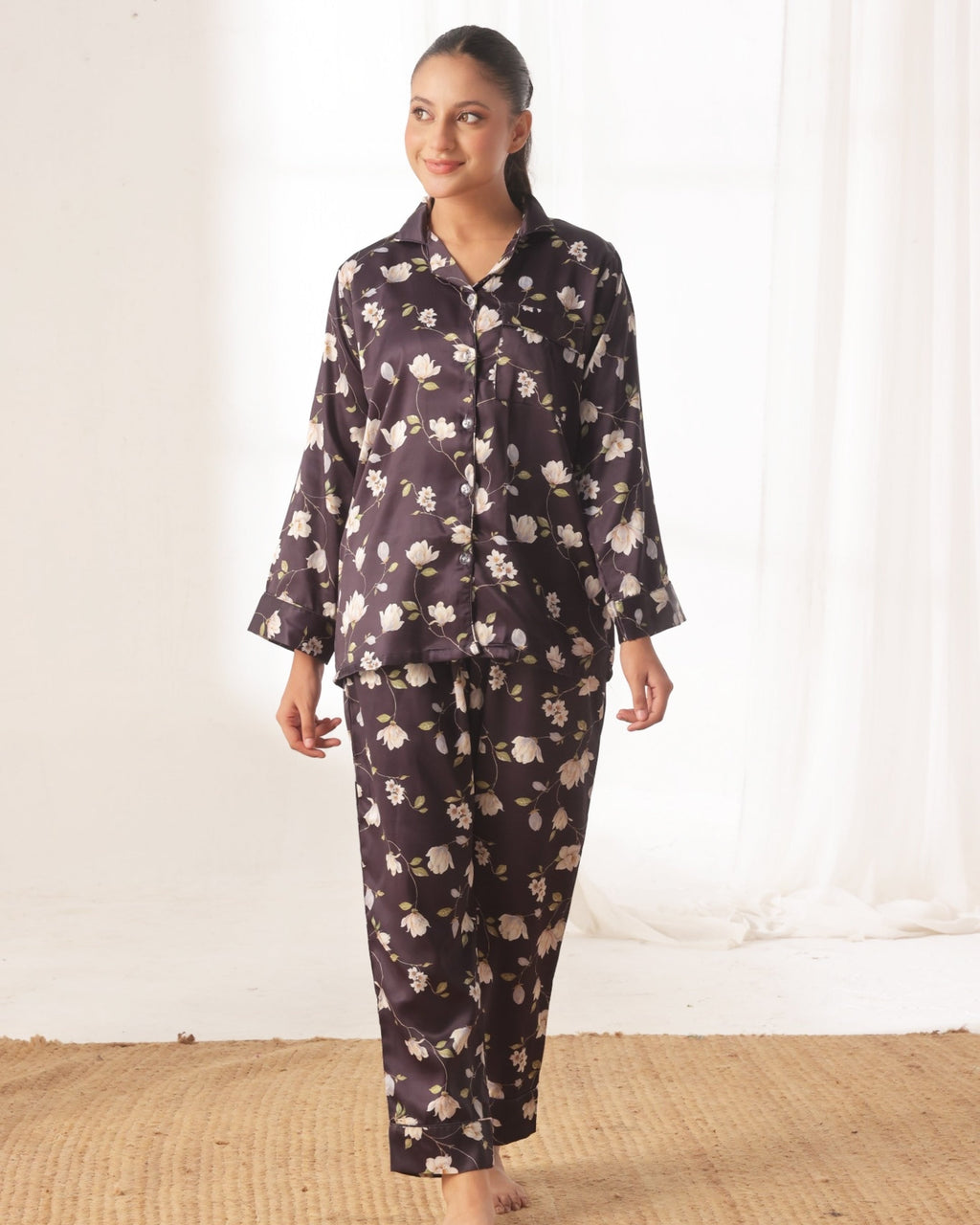Silk Pajama Suit with Scrunchie - Night Blush