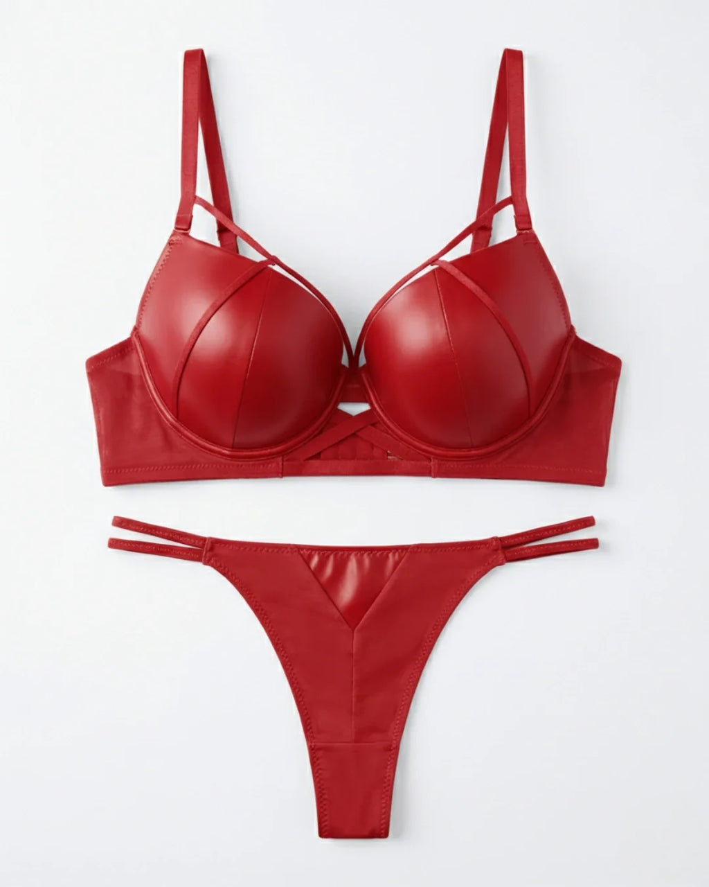 Padded Bra Set - Leather Fit - Red