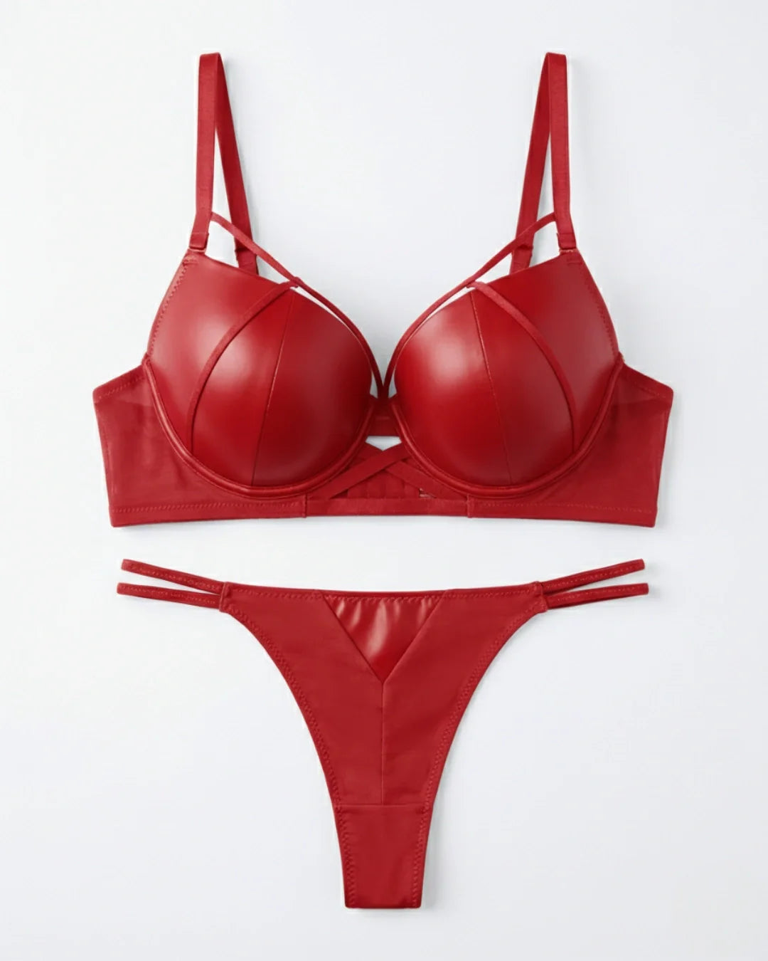 Padded Bra Set - Leather Fit - Red