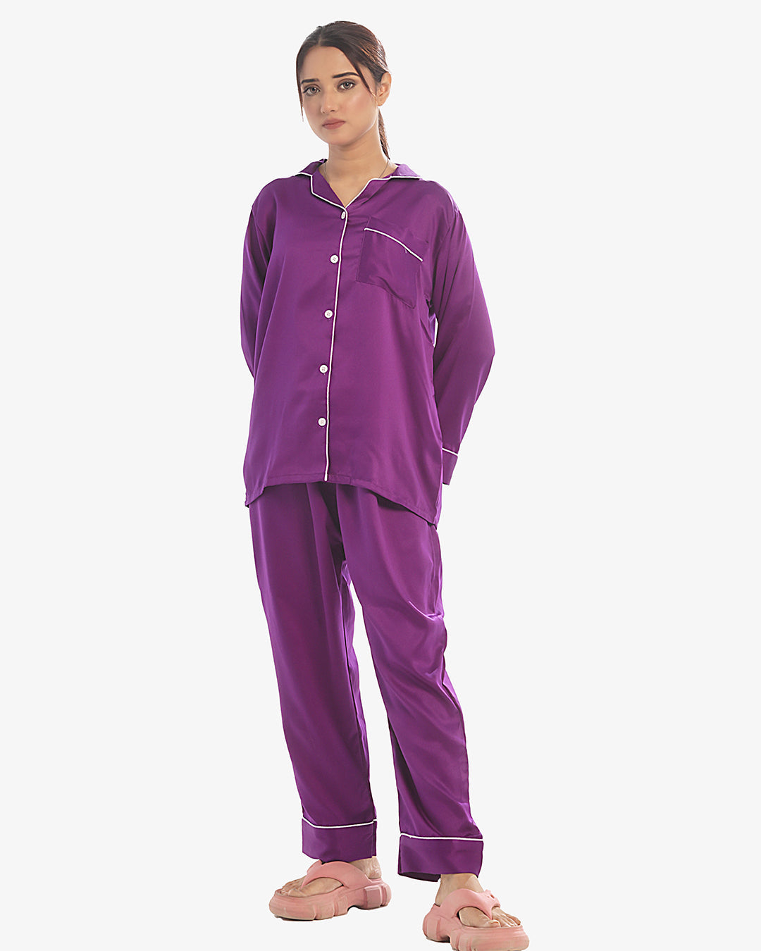 Silk Pajama Suit with Scrunchie - Pearl