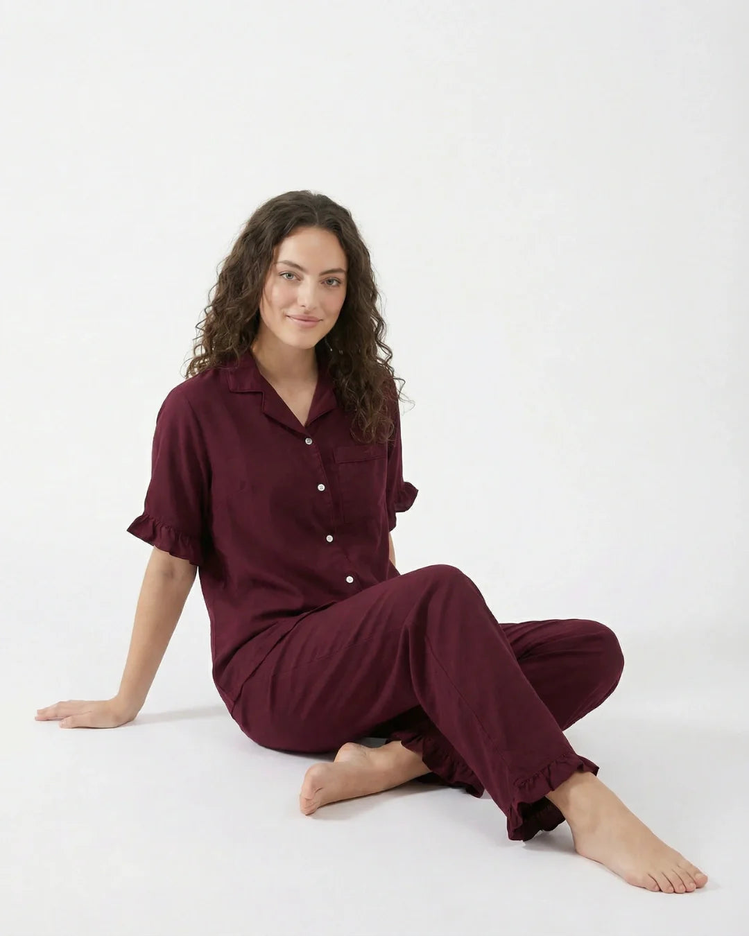 Half Sleeves PJ Set - Linen Comfort - Maroon