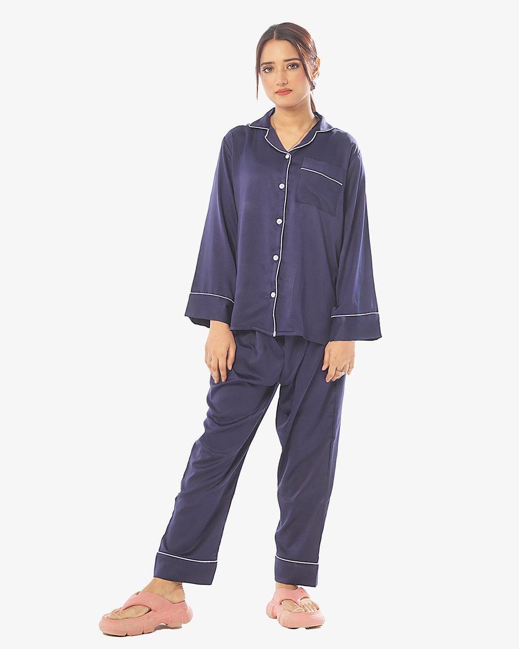 Silk Pajama Suit with Scrunchie - Pearl