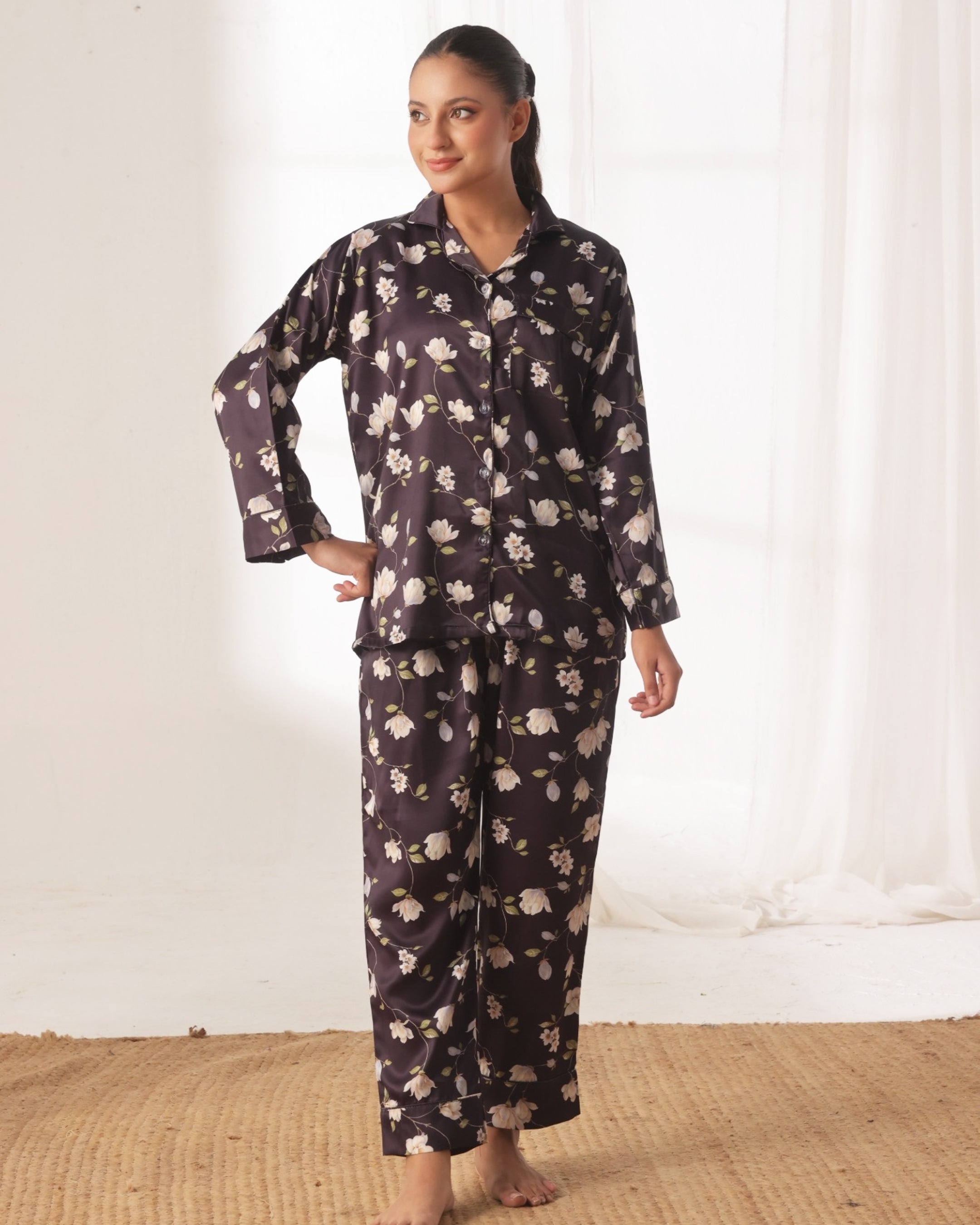 Silk Pajama Suit with Scrunchie - Night Blush