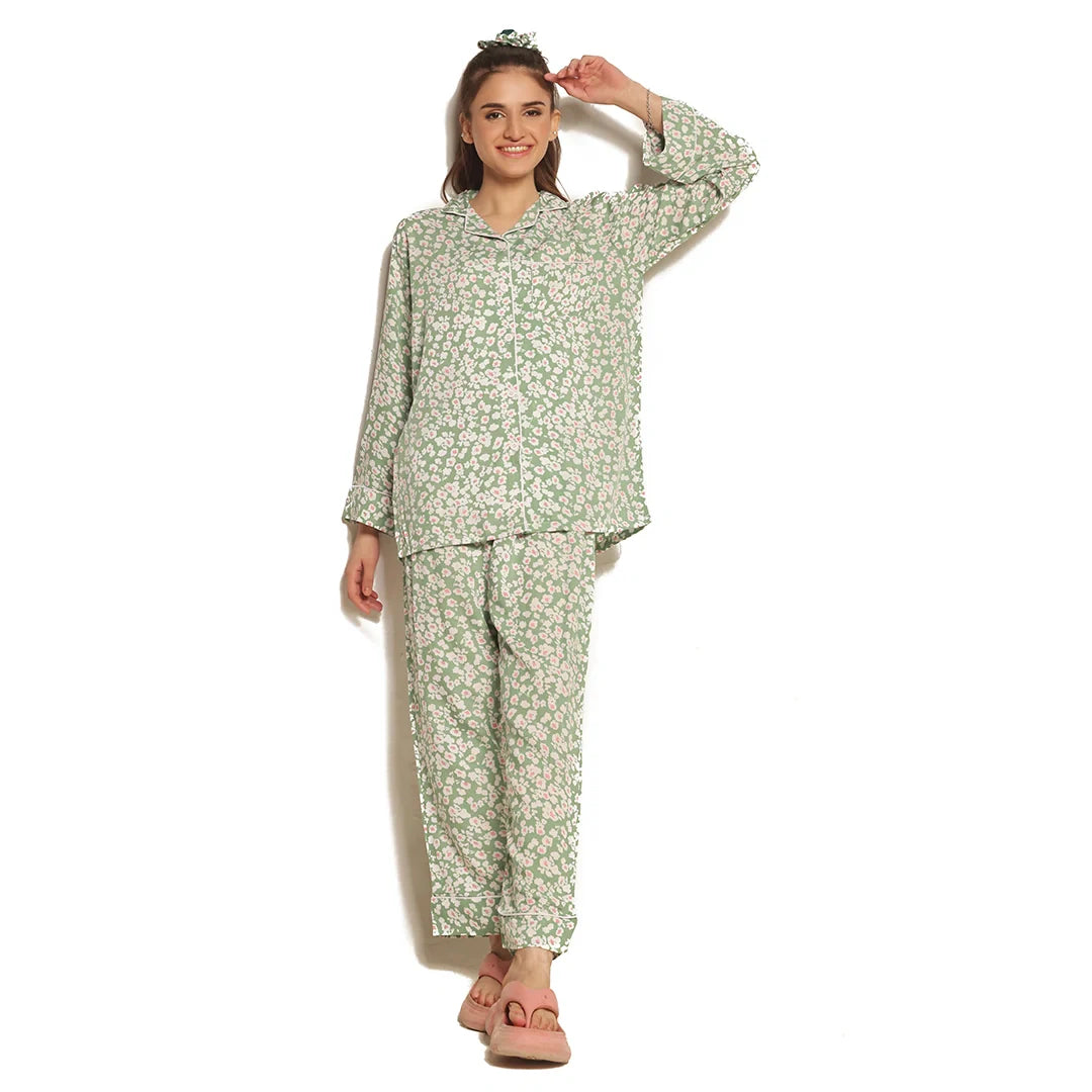 Mint Bloom Linen Pajama Suit with Scrunchie