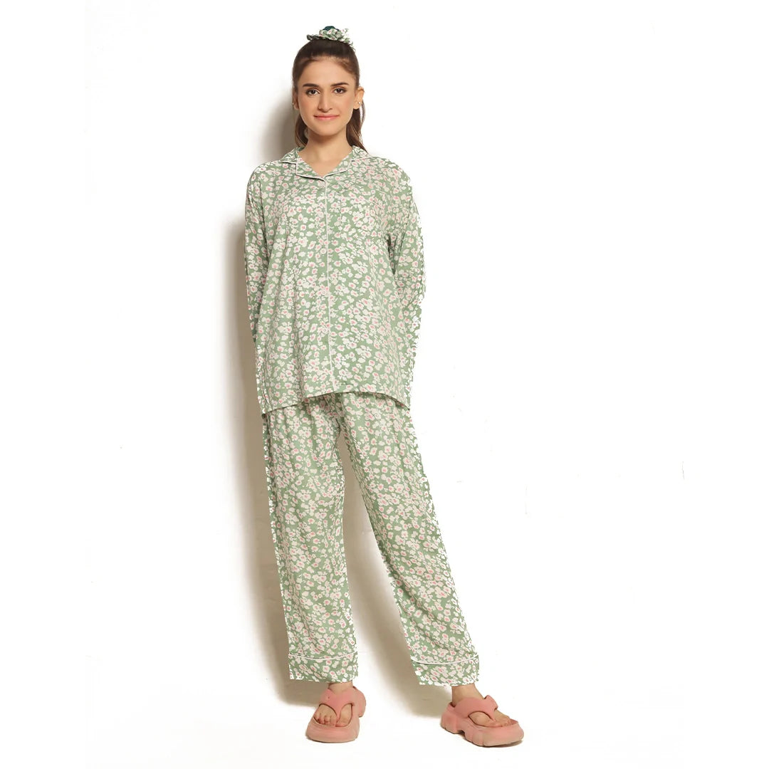 Mint Bloom Linen Pajama Suit with Scrunchie