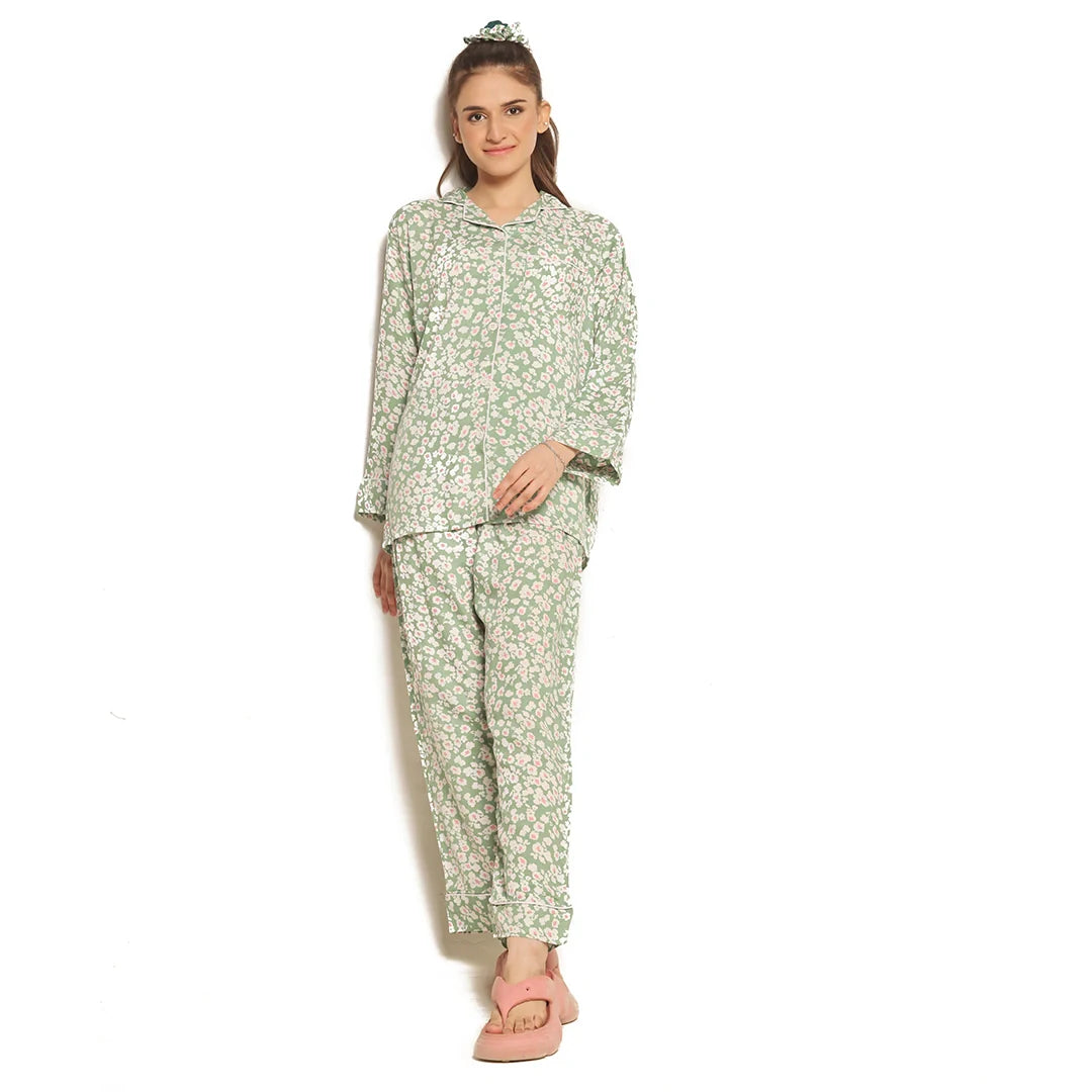 Mint Bloom Linen Pajama Suit with Scrunchie