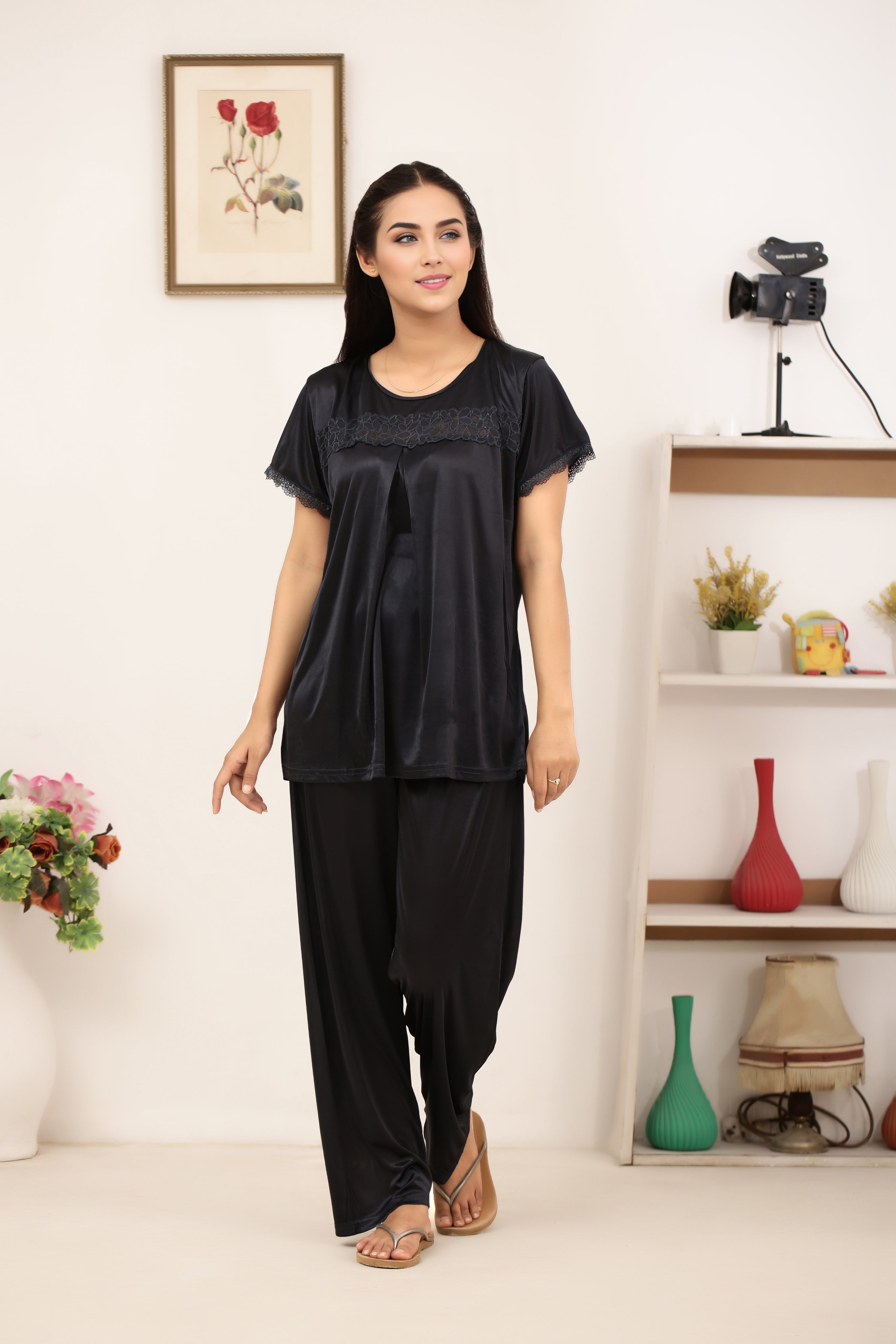 Silk PJ Set - Cenra - Black