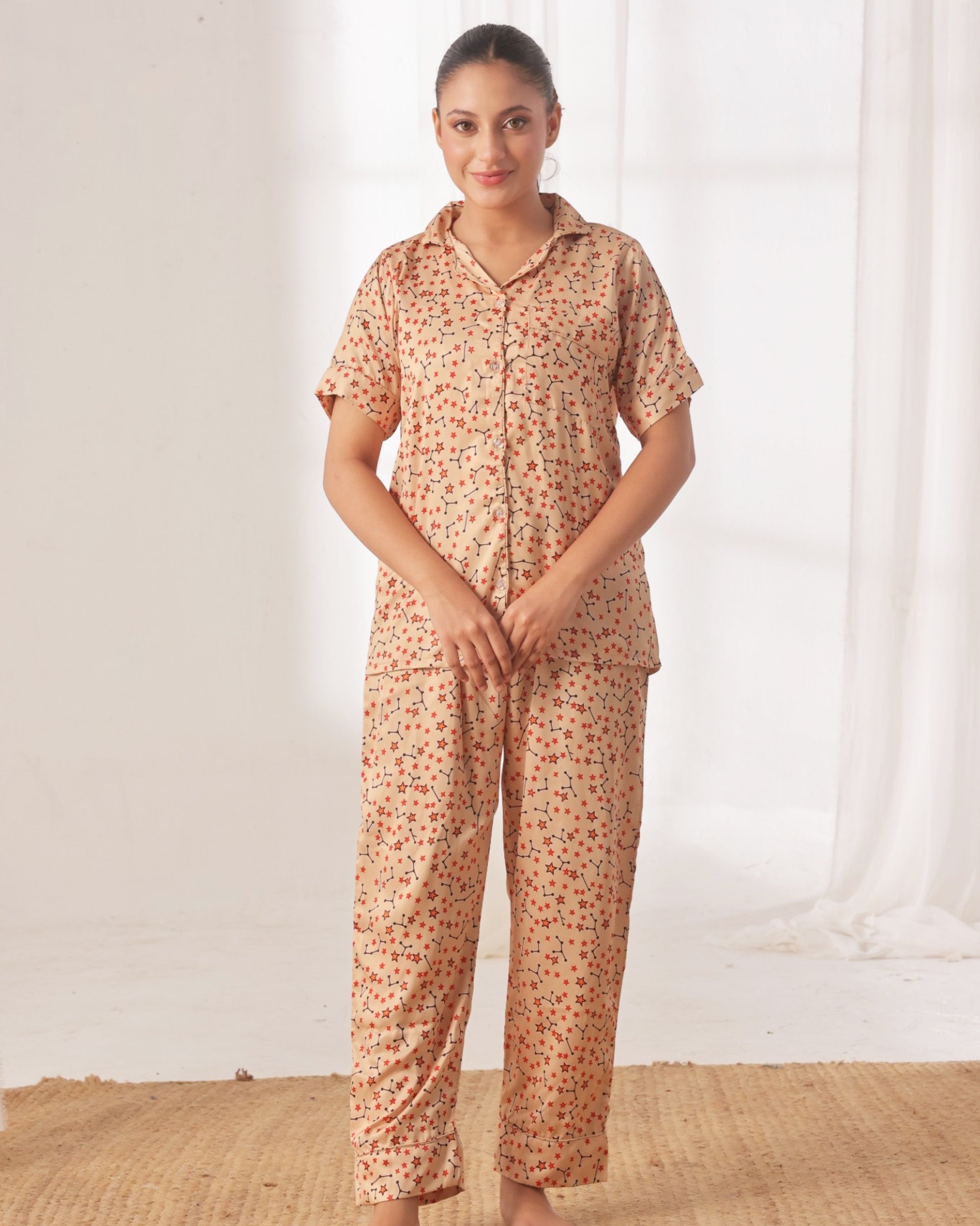 Silk Pajama Suit with Scrunchie - Starlight Dream