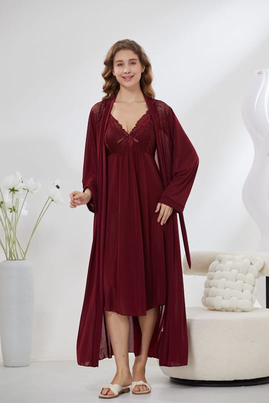 4-Piece Pure Silk Nightwear Set - Rosvian Maroon