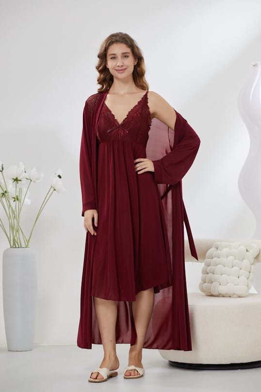 4-Piece Pure Silk Nightwear Set - Rosvian Maroon