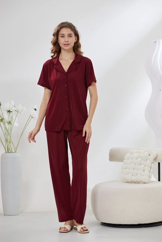 4-Piece Pure Silk Nightwear Set - Rosvian Maroon