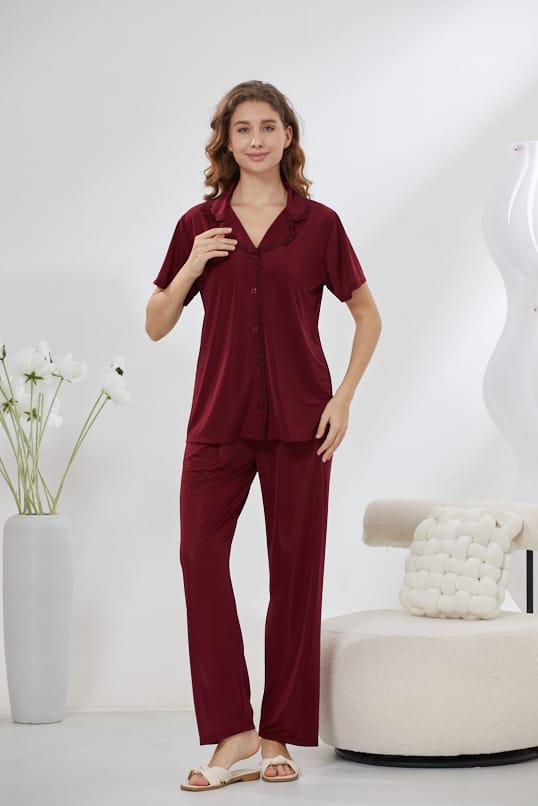 4-Piece Pure Silk Nightwear Set - Rosvian Maroon