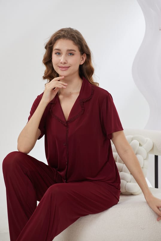 4-Piece Pure Silk Nightwear Set - Rosvian Maroon