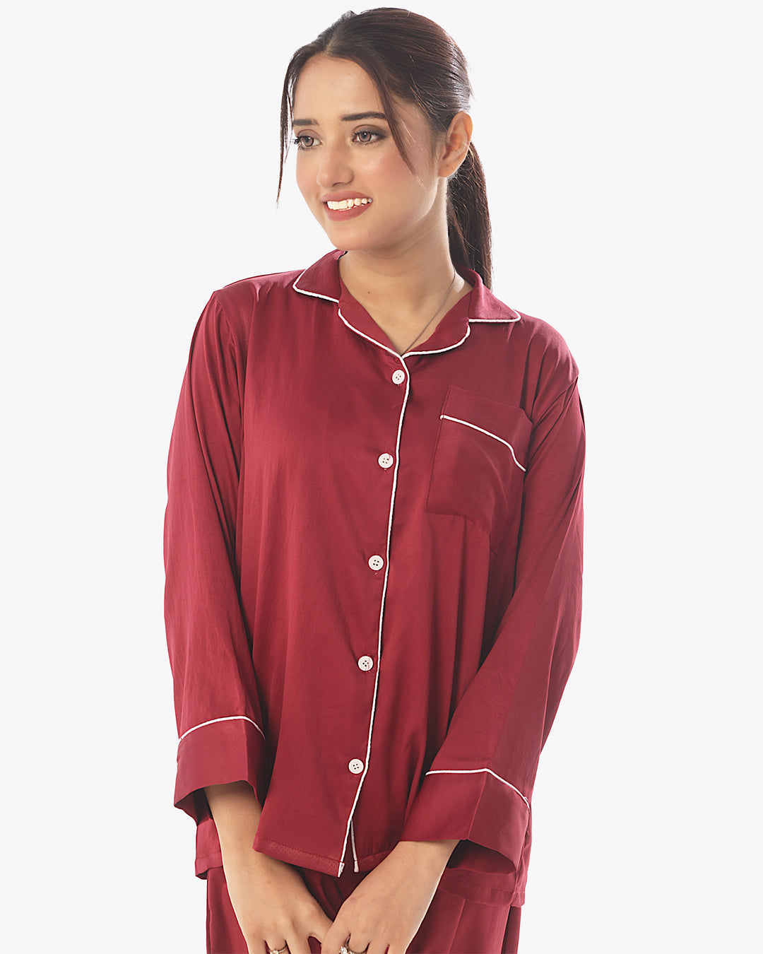 Silk Pajama Suit with Scrunchie - Pearl